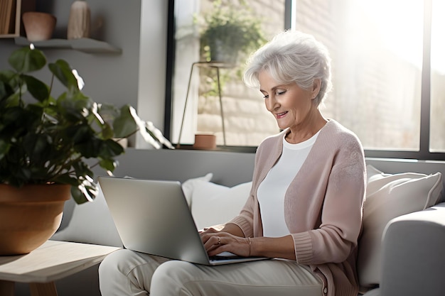 Пожилая женщина с белыми волосами работает на ноутбуке дома Старая женщина с ноутбуком Generative Ai