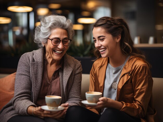 Senior women effortlessly blend technology and coffee at home