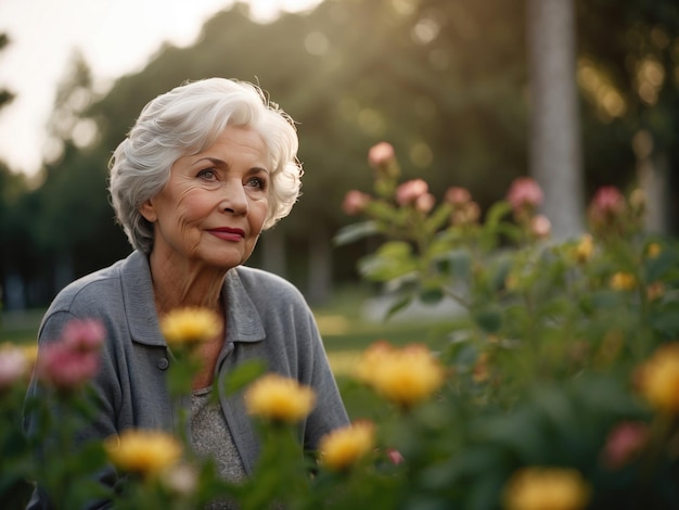 senior women near flowers and plants Gererative ai