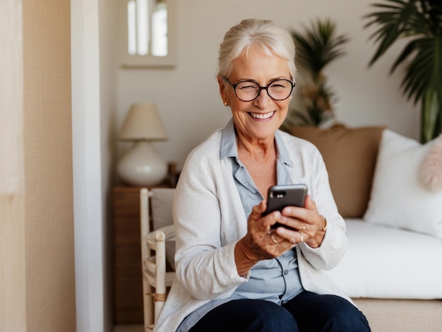 senior women using phone and smiling Gererative ai