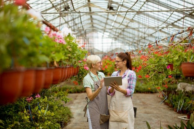 デジタルタブレットを見てシニアと若い現代の花屋の女性