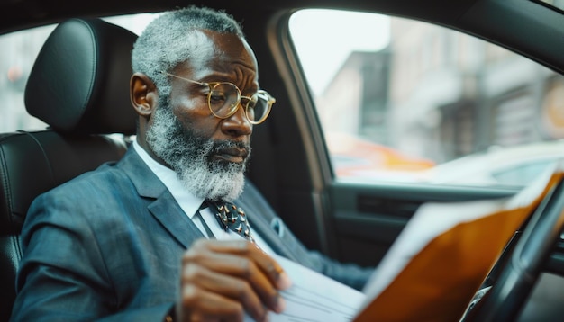 Senior zakenman die documenten in de auto bekijkt