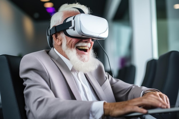 Senior zakenman die een conferentie bijwoont met behulp van een VR-headset Generatieve AI