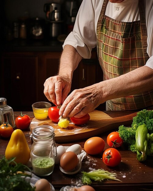 Senior039's handen verzamelen verse ingrediënten voor een omelet