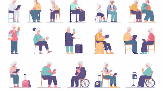 Senioren element set met platte stijl Scènes van ouderen die elektronische apparaten gebruiken voor taken zoals het krijgen van leveringen, het zoeken naar medische zorg en het in contact blijven met de familie