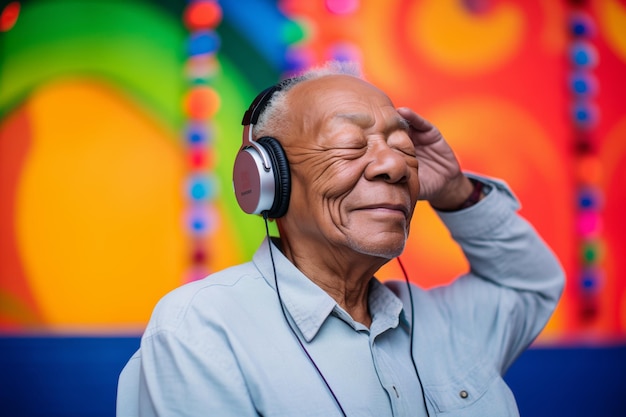 Senioren genieten van muziek met gesloten ogen op een neon achtergrond