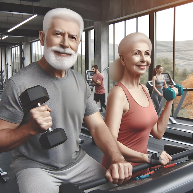 Seniorenpaar blijft fit in een sportschool man met dumbbells en vrouw op loopband tussen oefenapparatuur