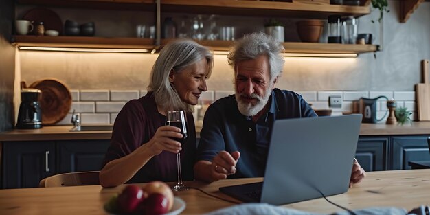 Seniorenpaar geniet van wijn terwijl ze een laptop gebruiken in een gezellige keuken huiselijk gevoel openhartige momenten hedendaagse levensstijl vastleggen ai