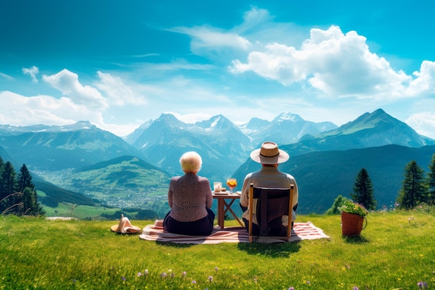 Foto seniorenpaar zit op de cover in de oostenrijkse alpen met een prachtig uitzicht op ai-concept