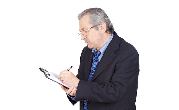 Seniors businessman writing over white background