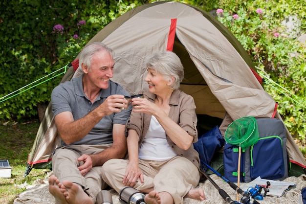 Seniors camping in the garden