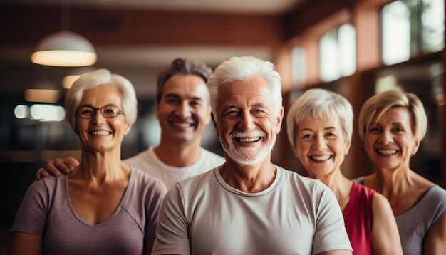 Seniors doing stretching exercise together at retirement centre