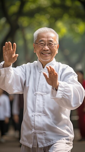 Seniors enjoying the fresh air while doing Tai Chi Chuan in the park Idea of health care xA