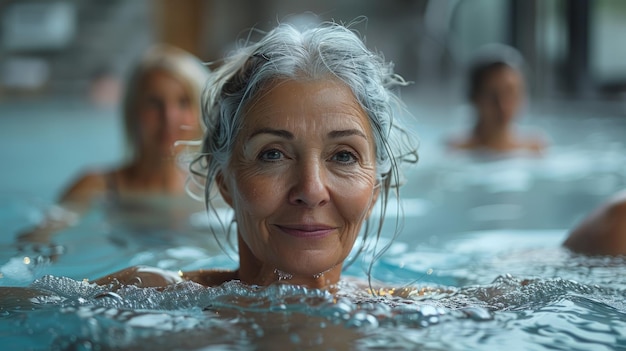 Photo seniors having fun in swimming pool