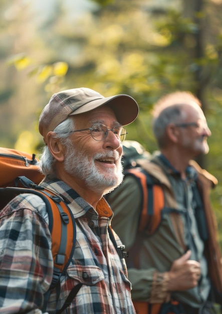 Seniors hiking in the mountains with backpacks sunny day