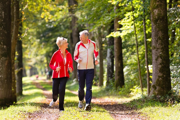 Seniors jogging on a forest road