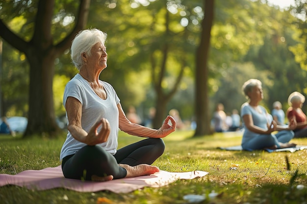 Seniors practicing yoga in a peaceful park Elderly woman sit on the grass