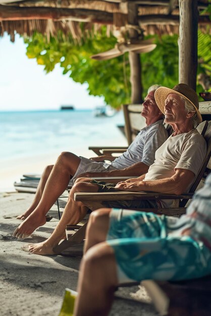 Foto anziani in vacanza estiva sul mare vecchi anziani seduti in shezlong di legno e guardare il mare bac