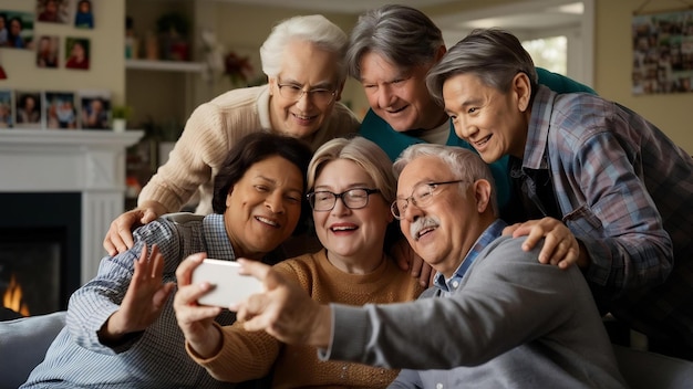 Seniors taking selfie with smartphone