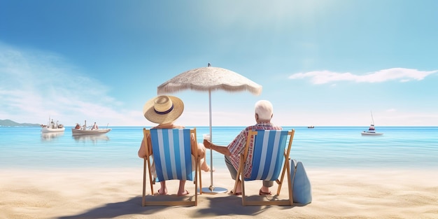 Seniors who are enjoying retirement on the beach in the morning Generative Ai