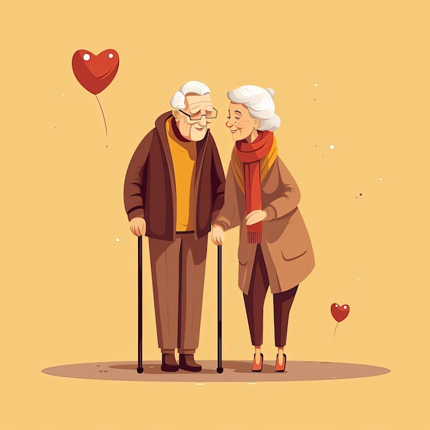 seniors with canes and hearts in cartoon illustration flat style symbol in the of playful animation