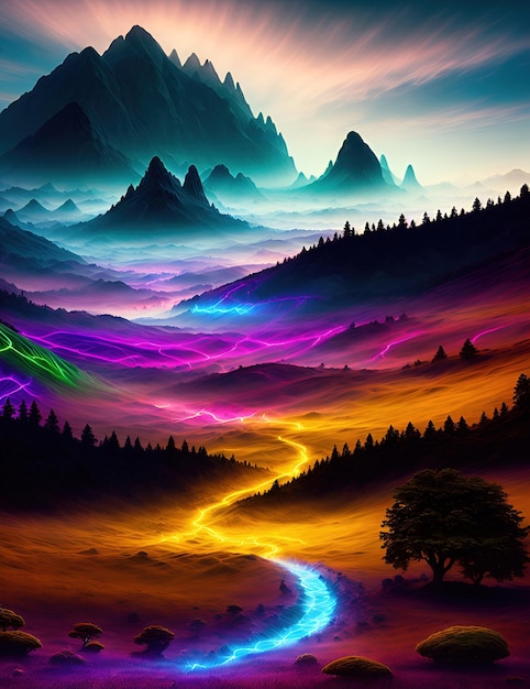 Sensational fantasy landscape Ethereal Enchanting rolling mountains deep glowing sea Digital art