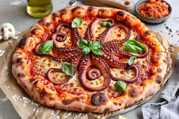 Photo sensational octopus pizza with chunky tomato sauce