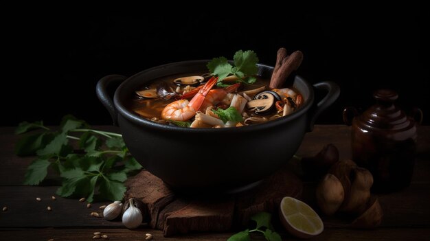 Sensationele contrasten Tom Yum Goong in de donkere modus, een boeiende combinatie van smaken en beelden