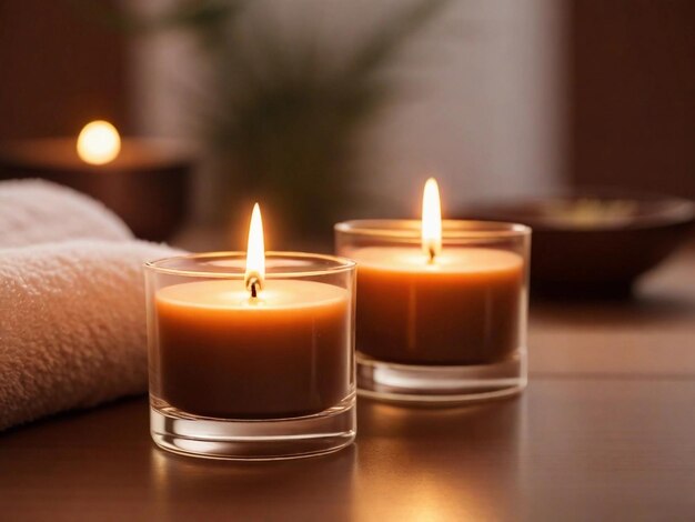 Sensitive focus scented candles on table with warm brown tonesGenerative AI