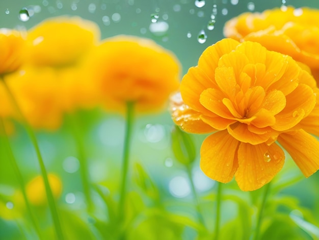 Sensitive marigold flowers and dew drops on a blurred background of a colorful morning flower gardenGenerative AI