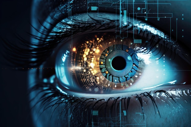 Sensor geïmplanteerde chip in menselijk oog Kunstmatige intelligentie oog Generatieve ai