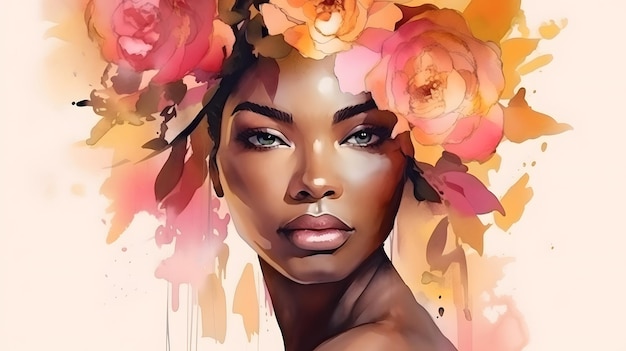 Sensual african woman portrait with soft pink golden flowers watercolor painting splash banner illustration generative ai