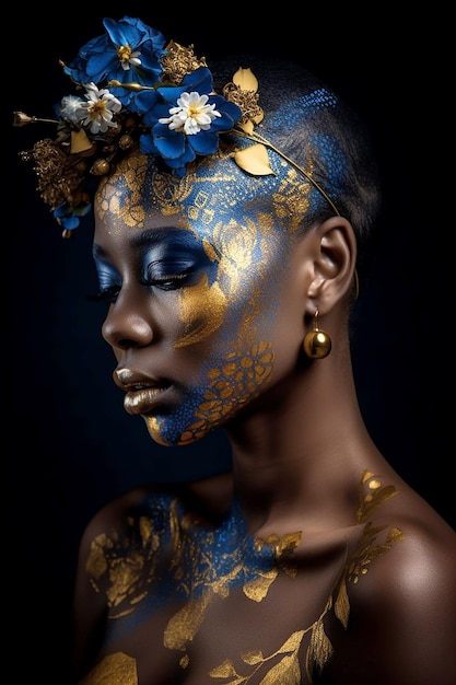 Sensual black woman posing with abstract painted on her face and body Generative AI