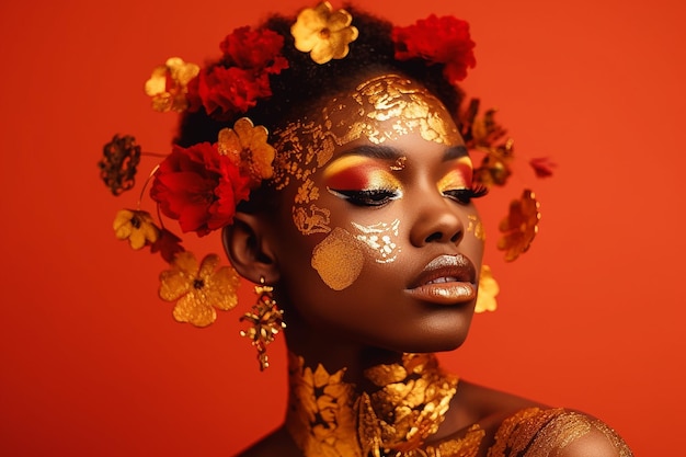 Sensual black woman posing with abstract painted on her face on red background Generative AI