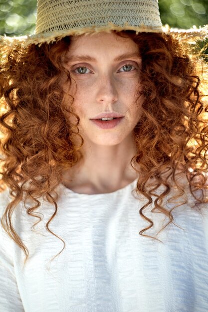 Sensual caucasian redhead female with curly wavy hair posing, looking at camera