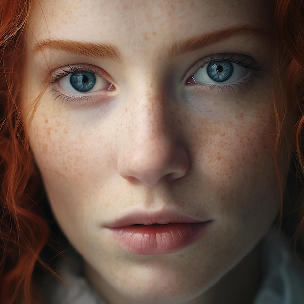 Sensual close up portrait of a young ginger caucasian attractive girl with freckles Natural beauty