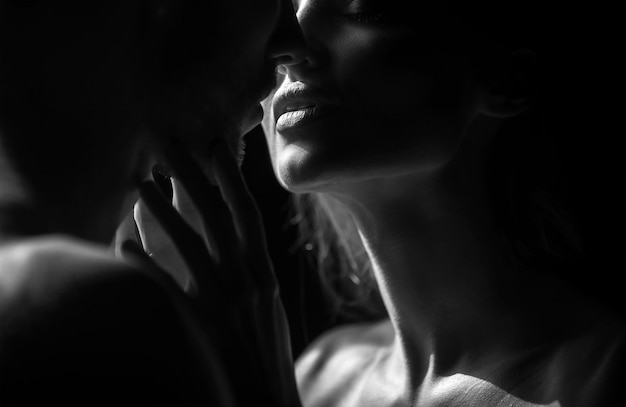 Sensual couple in the tender passion close up portrait of woman embracing and going to kiss man lovi