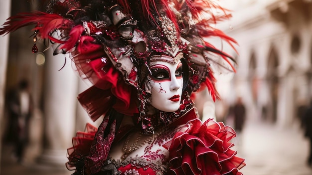 Чувствительная и милая женщина участница карнавала в Венеции в захватывающем костюме