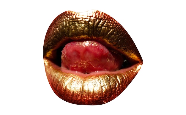 Sensual golden woman lips tongue licking sexy lips womans gold lip female mouth close up with golden