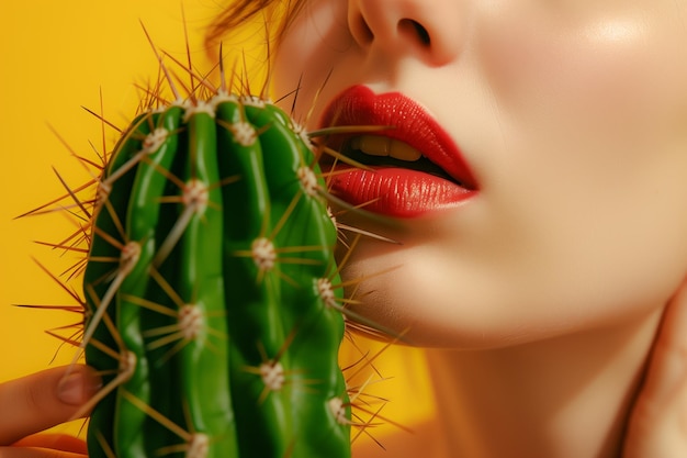 Sensual lips and cactus on yellow background