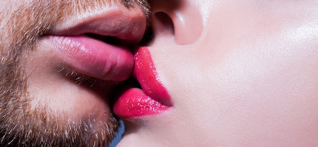 Sensual passionate couple kissing lips closeup of couple mouths kiss