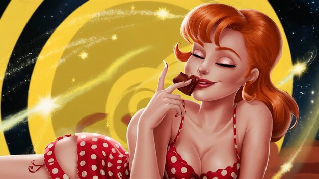 Sensual pinup woman eating chocolate on yellow space