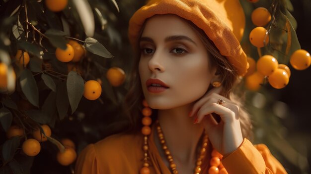 Photo sensual portrait of a woman with a goldenberryinspired outfit and accessories