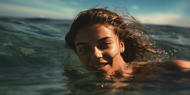 Photo a sensual pretty woman swims in the sea exuding sensuality her candid smile radiates joy captivating all generative ai