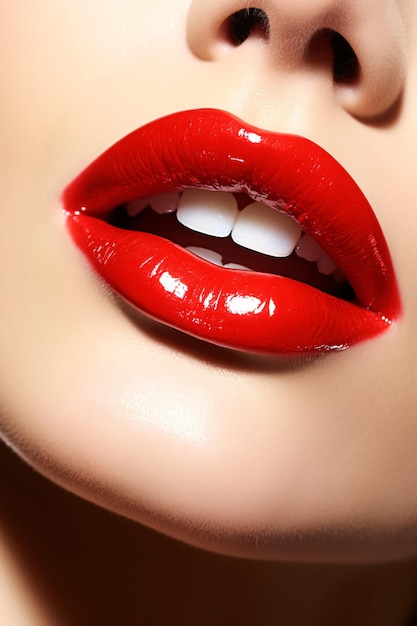 Sensual Red Lips Closeup Glamour Makeup on Deep Black Background