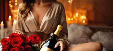 Photo sensual seduction with roses and champagne a scene of passion and intimacy woman holds champgne