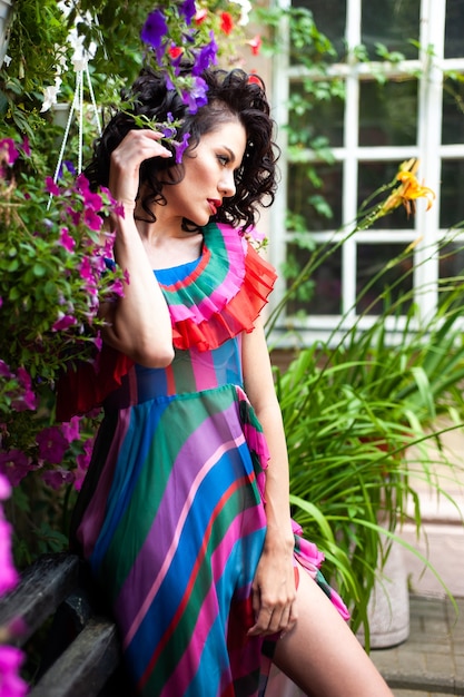 Sensual woman portrait in flower summer dress