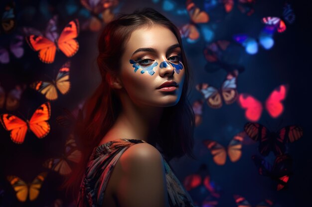 Sensual woman with body art and colored butterflies generative ai