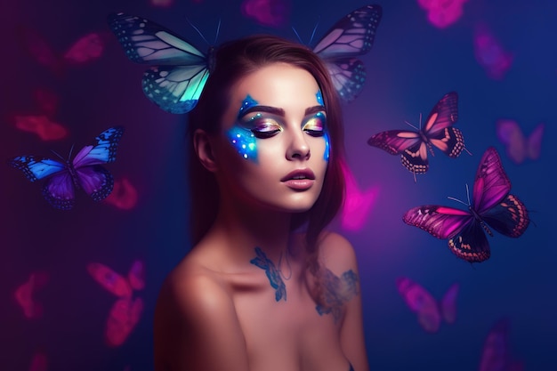Чувственная женщина с боди-артом и цветными бабочками, генерирующая искусственный интеллект