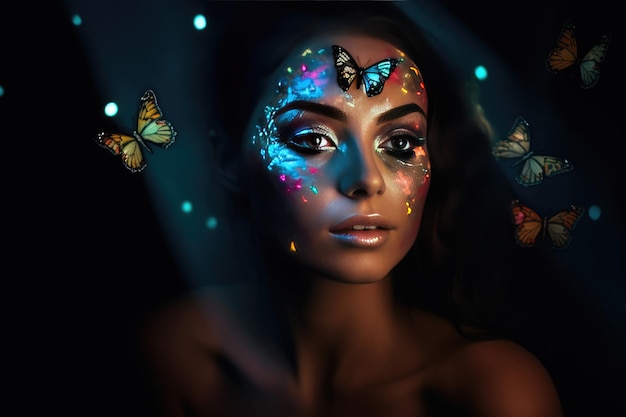 Photo sensual woman with body art and colored butterflies generative ai